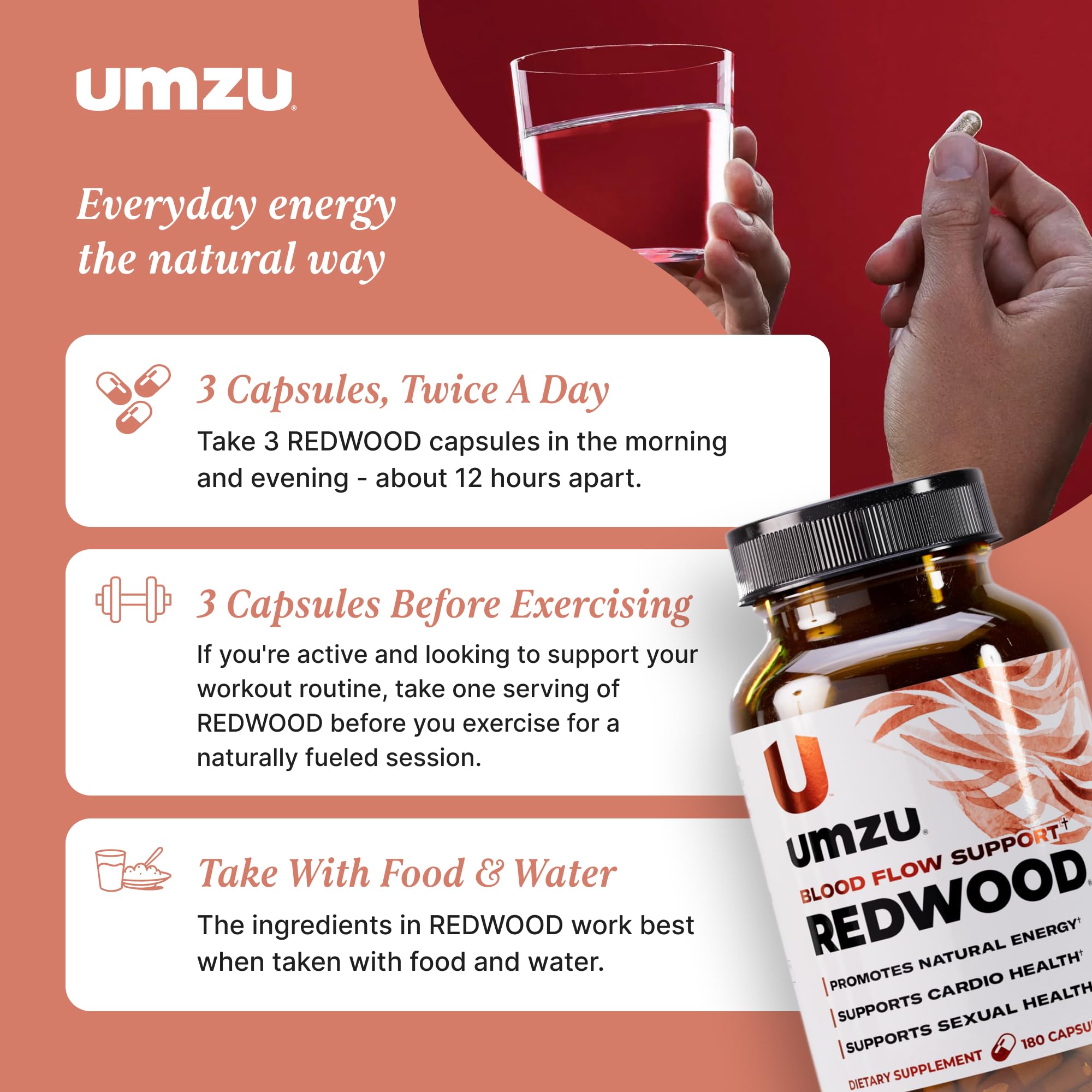UMZU Redwood label detail emphasizes ingredients and circulation support.