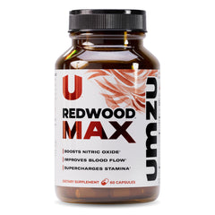 UMZU Redwood Max bottle close-up showing supplement bottle and label design for energy support