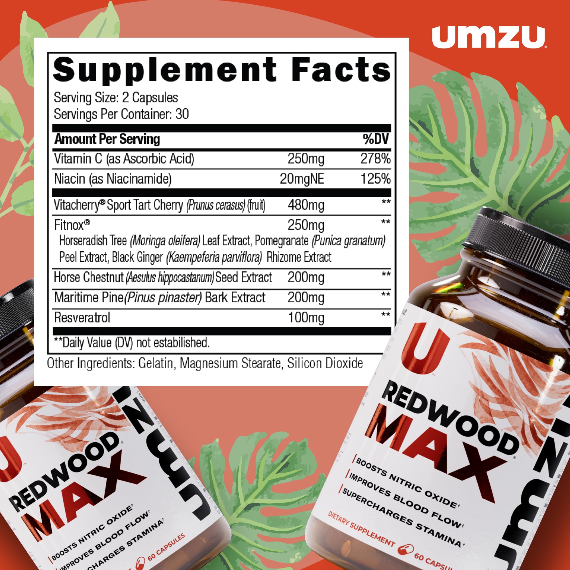 UMZU Redwood Max capsules pack shows easy to swallow capsules and formula