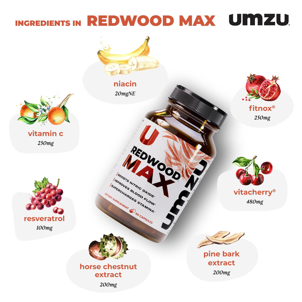 UMZU Redwood Max label detail highlights Fitnox blend and key ingredients