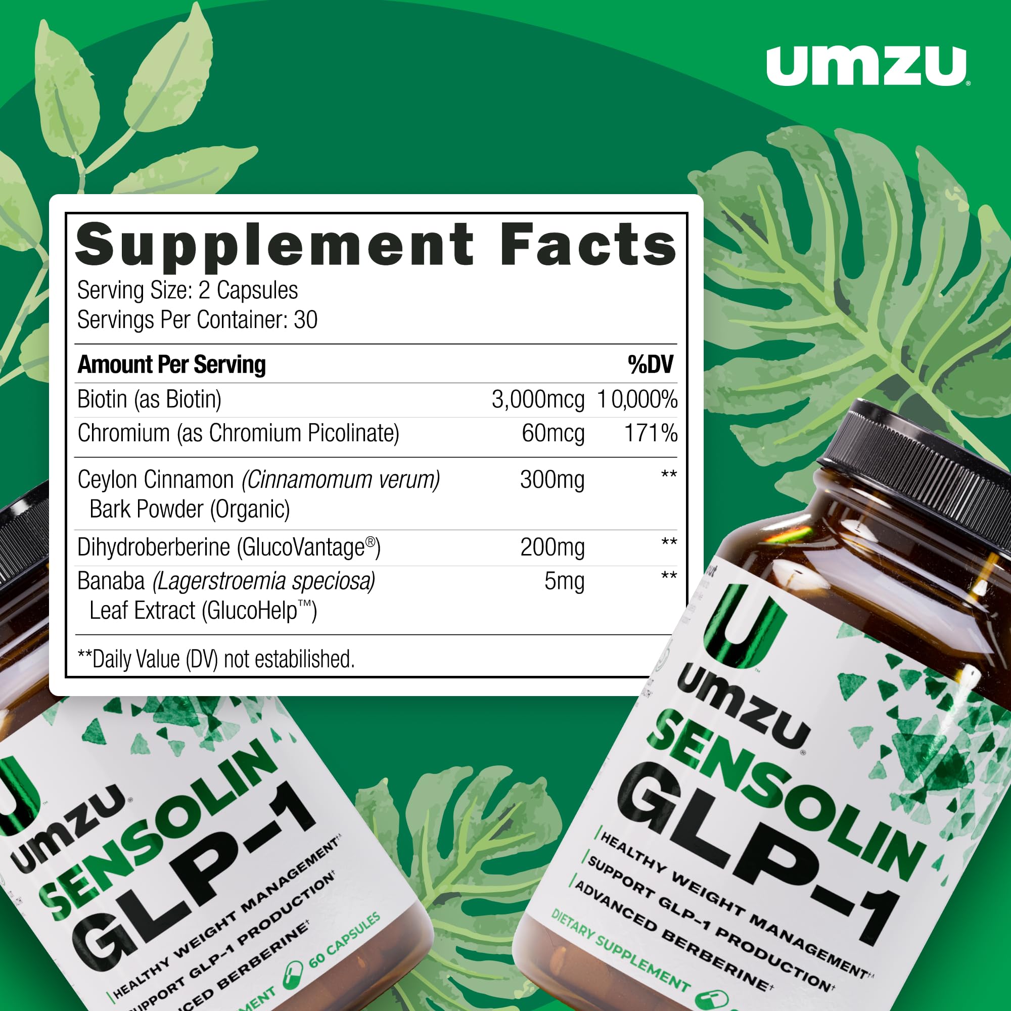 UMZU Sensolin bottle featuring Banaba leaf for GLP-1 support.