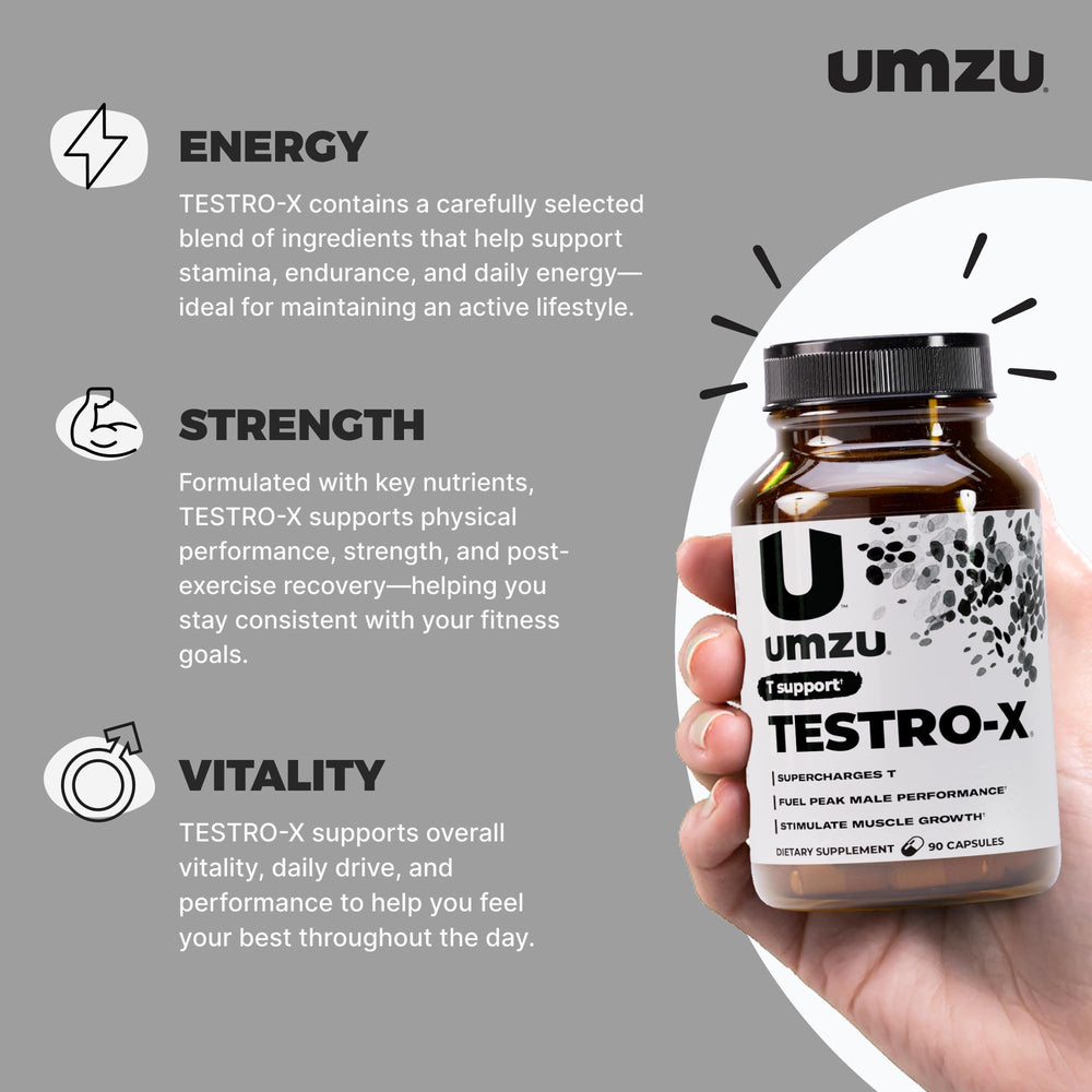 UMZU Testro-X capsules close-up for energy and focus