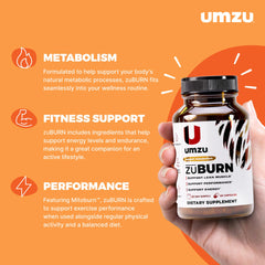 UMZU ZuBurn energy label close-up highlighting caffeine and B vitamins.