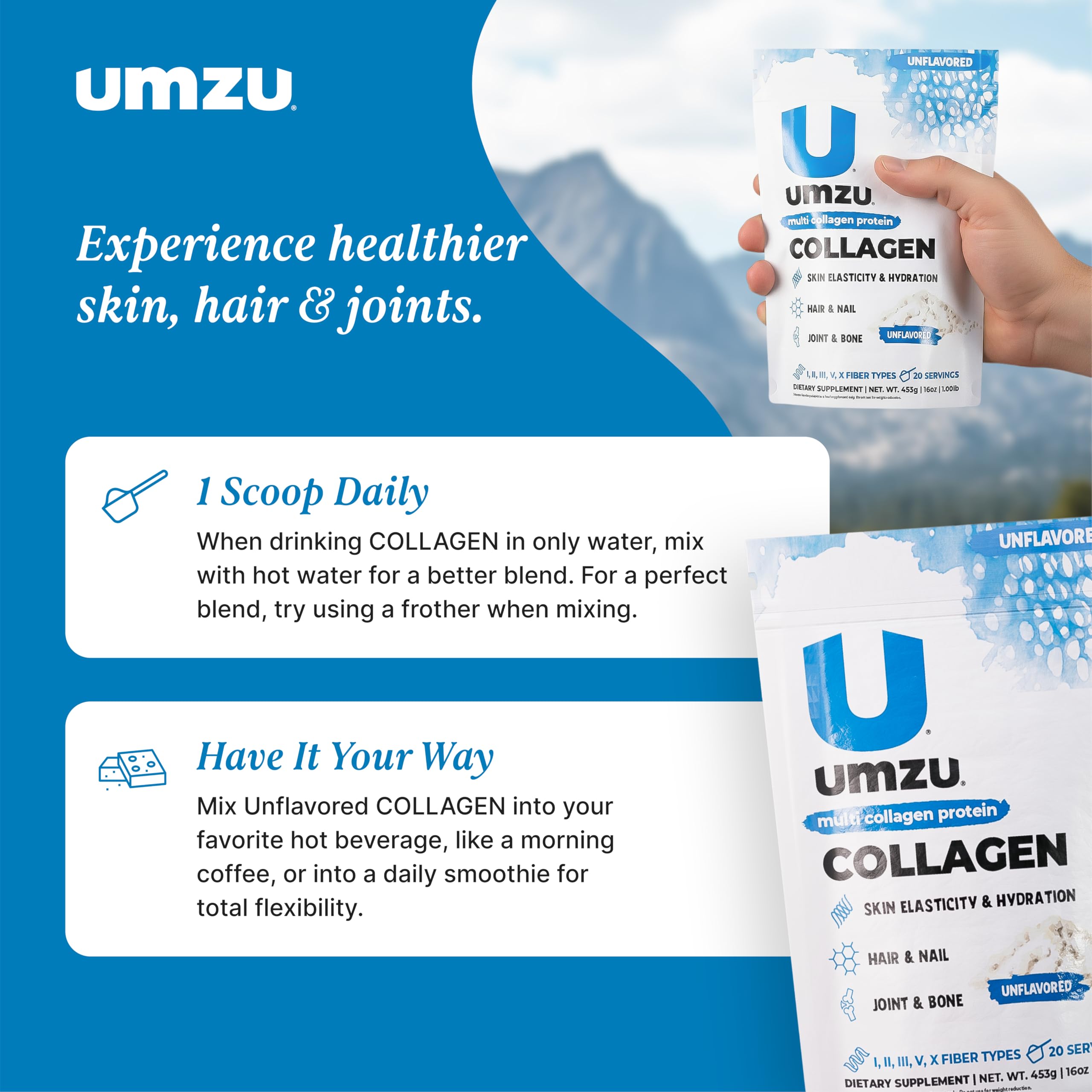 UMZU zuCollagen with 5 types of collagen peptides for joint and skin care.