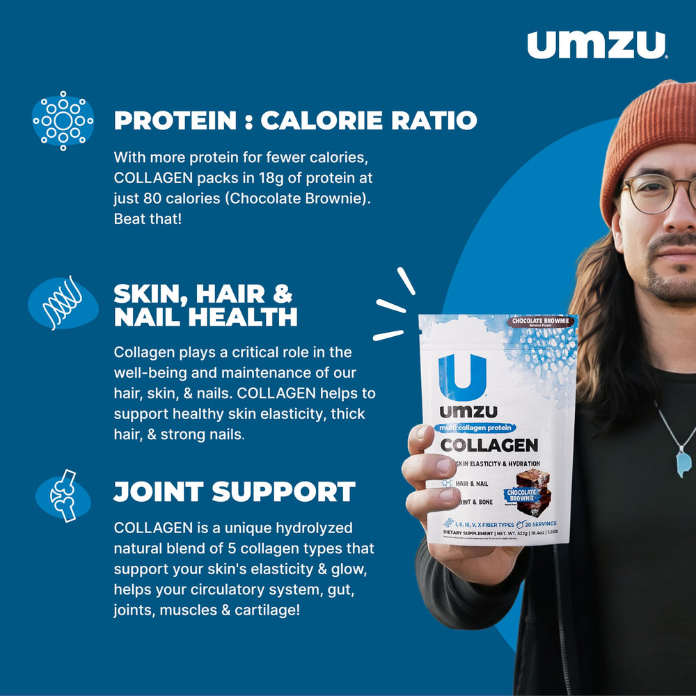 UMZU zuCollagen scoop shows 20g per serving for lean recovery.