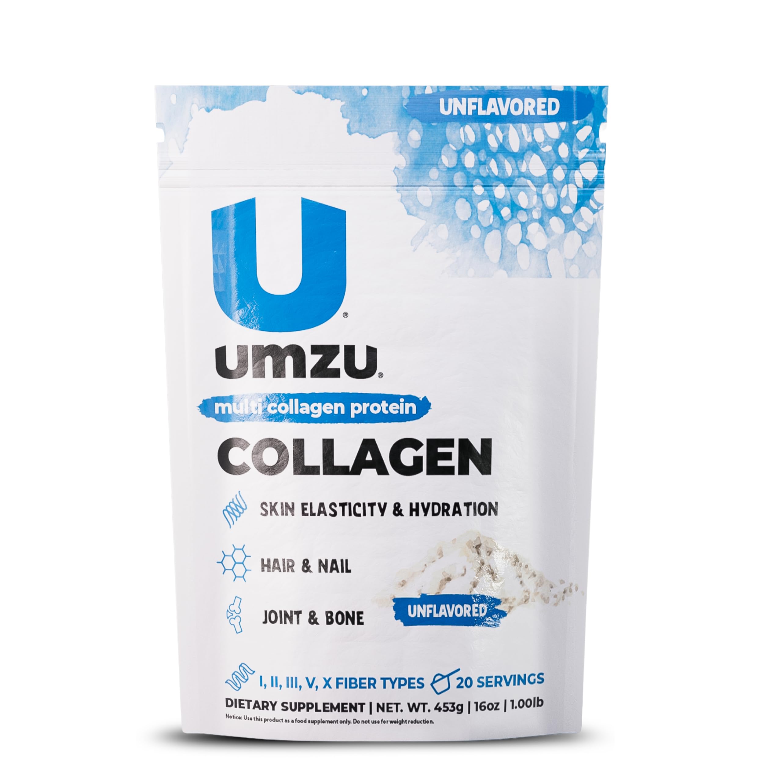 UMZU zuCollagen unflavored scoop closeup highlighting 20g protein per serving.