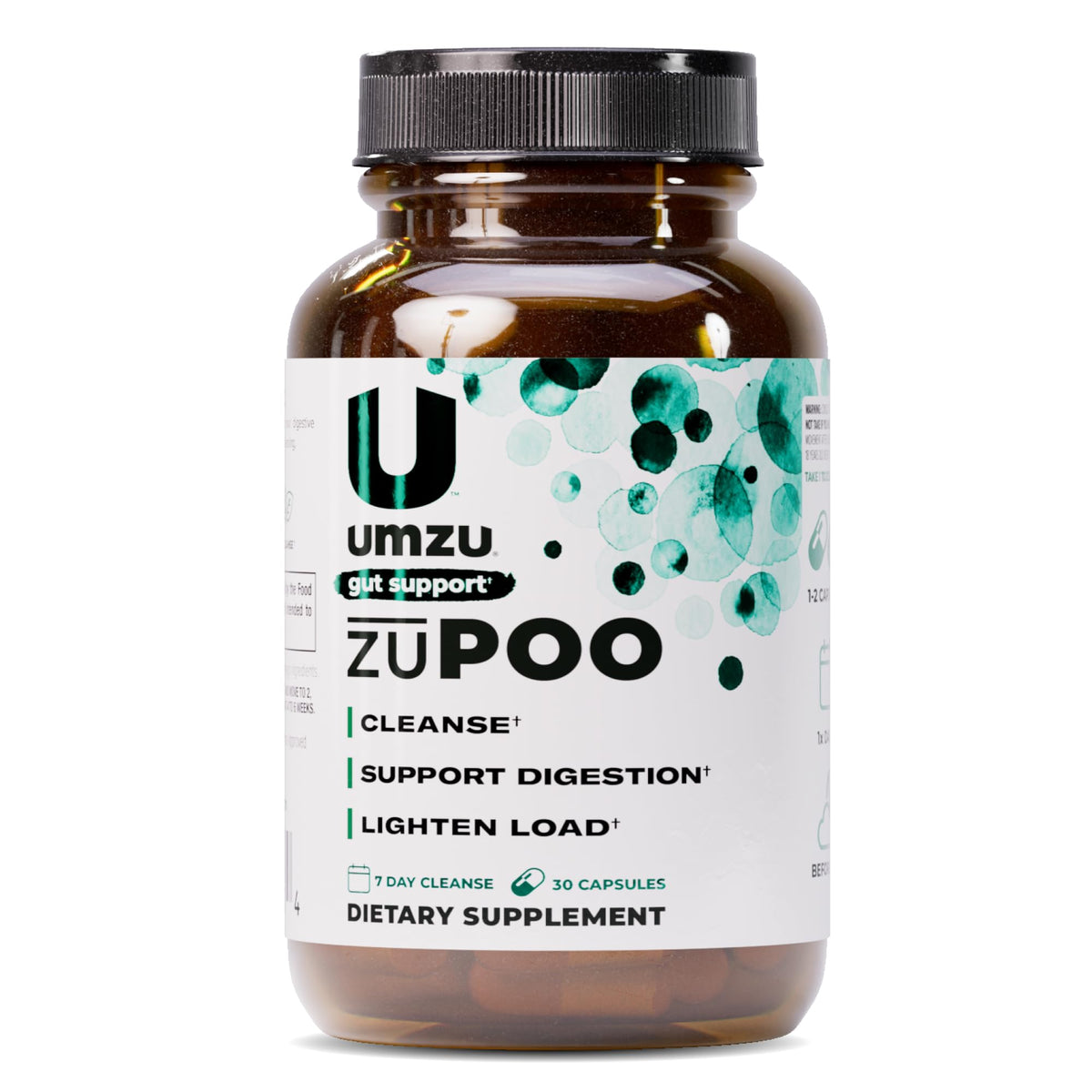 UMZU zuPOO bottle with capsules for a nightly gut cleanse routine.