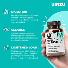 UMZU zuPOO ingredients list featuring cascara sagrada for regularity.
