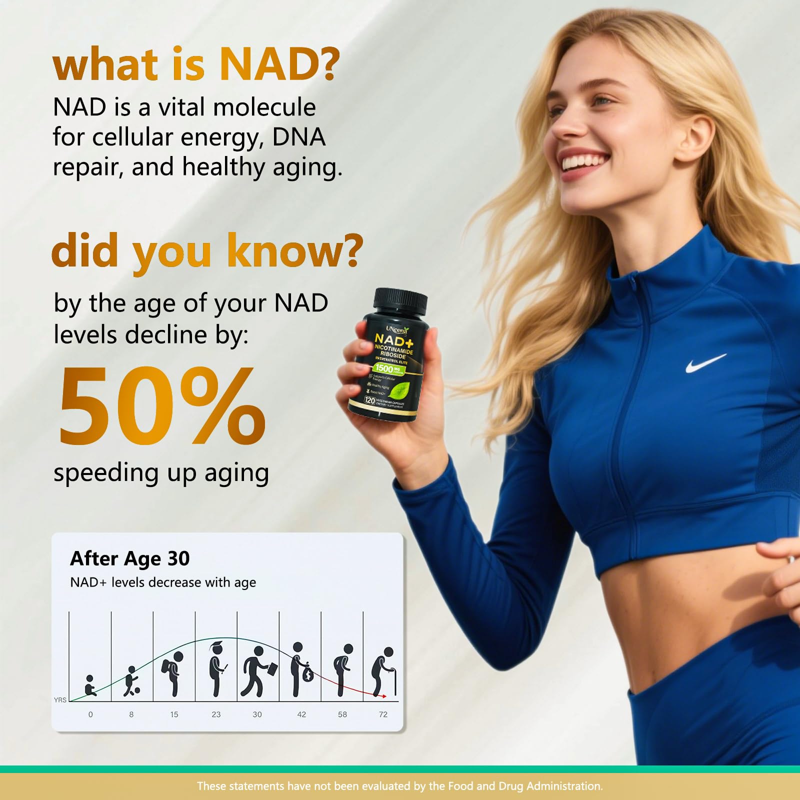 UNcena NAD bottle pour showing capsules ready for easy daily use and vitality.