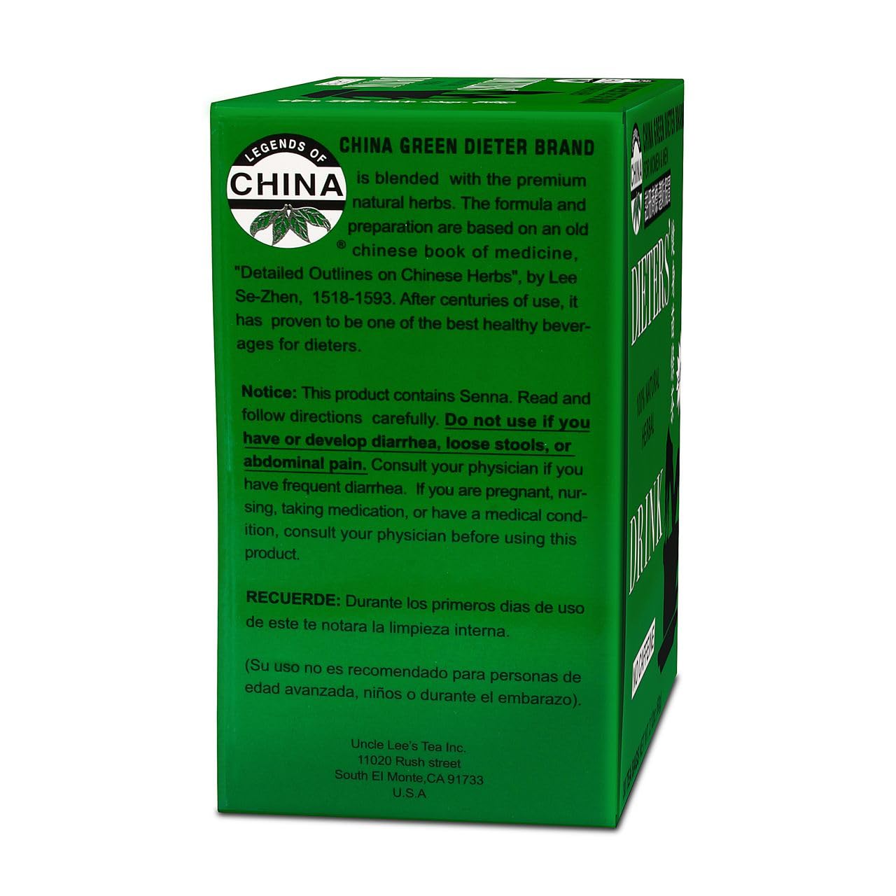 Uncle Lee's Senna Tea natural ingredients underscore 100% herbal blend.
