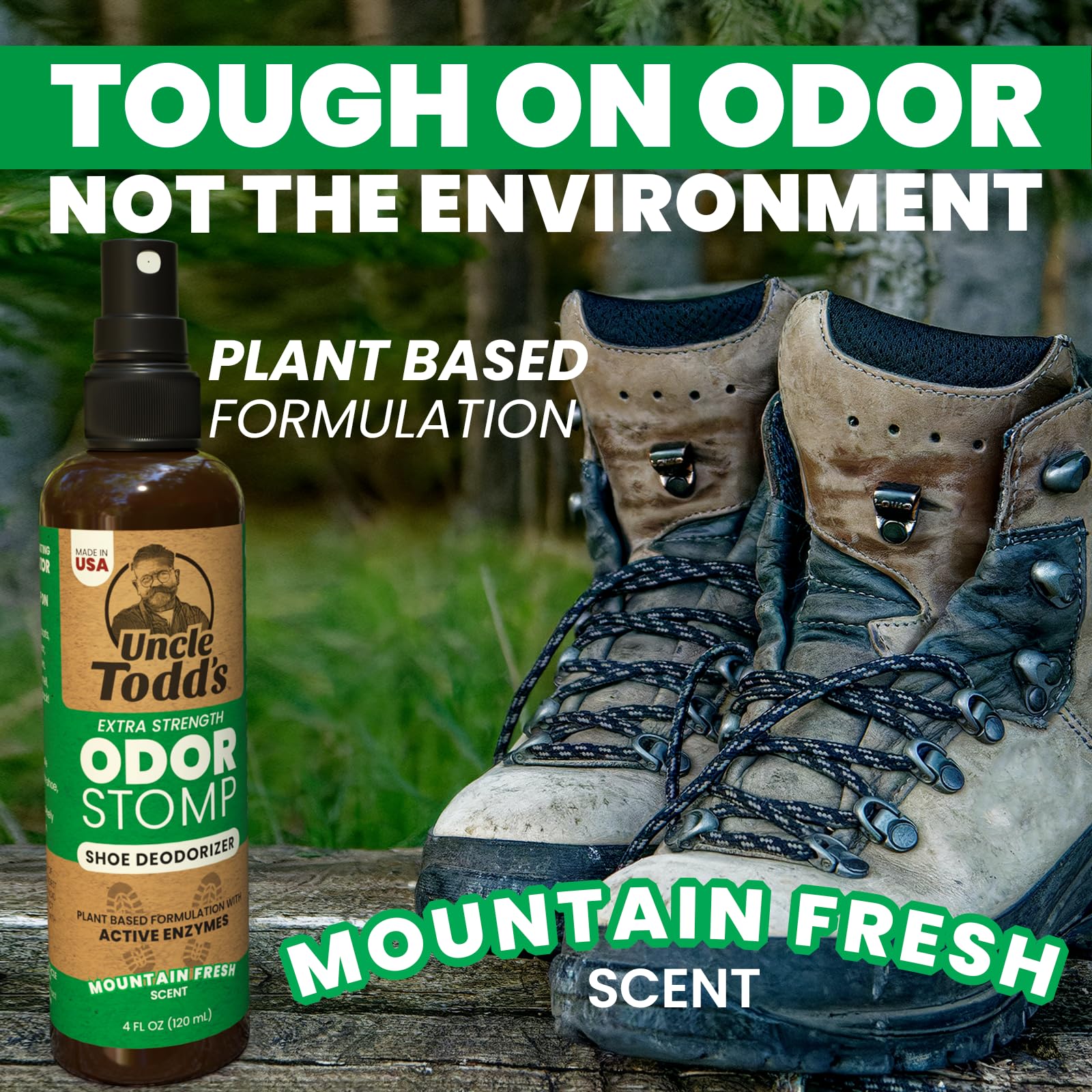 Applying Uncle Todd's Odor Stomp demonstrates even coverage on footwear