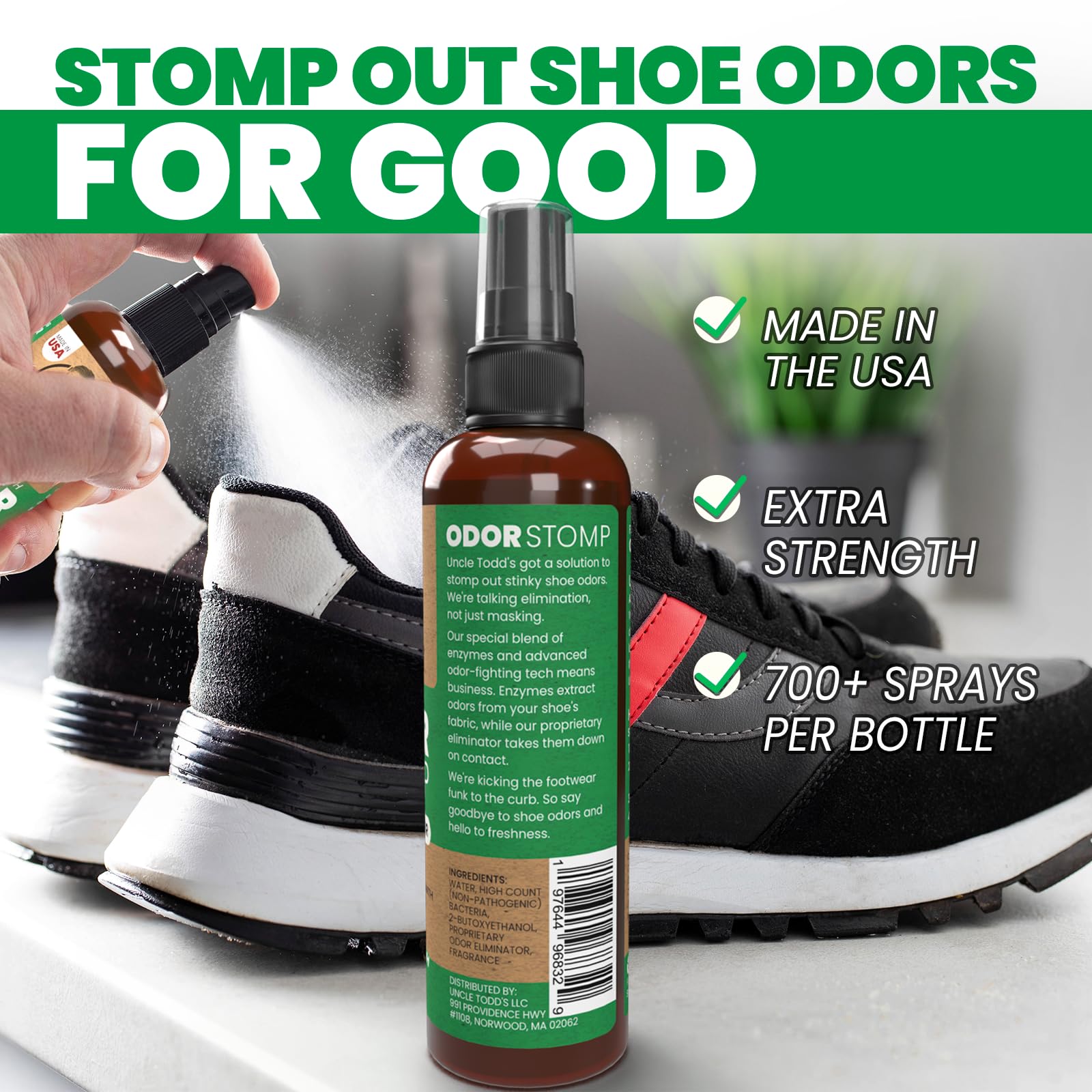 Closeup of Uncle Todd's Odor Stomp bottle highlighting plant-based freshness