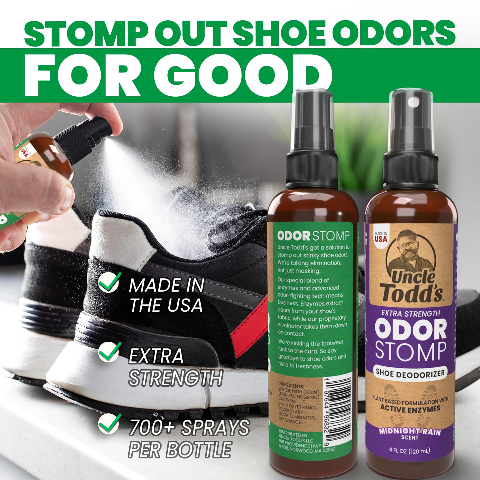 Uncle Todd's Odor Stomp Midnight Rain bottle pour delivering cool freshness