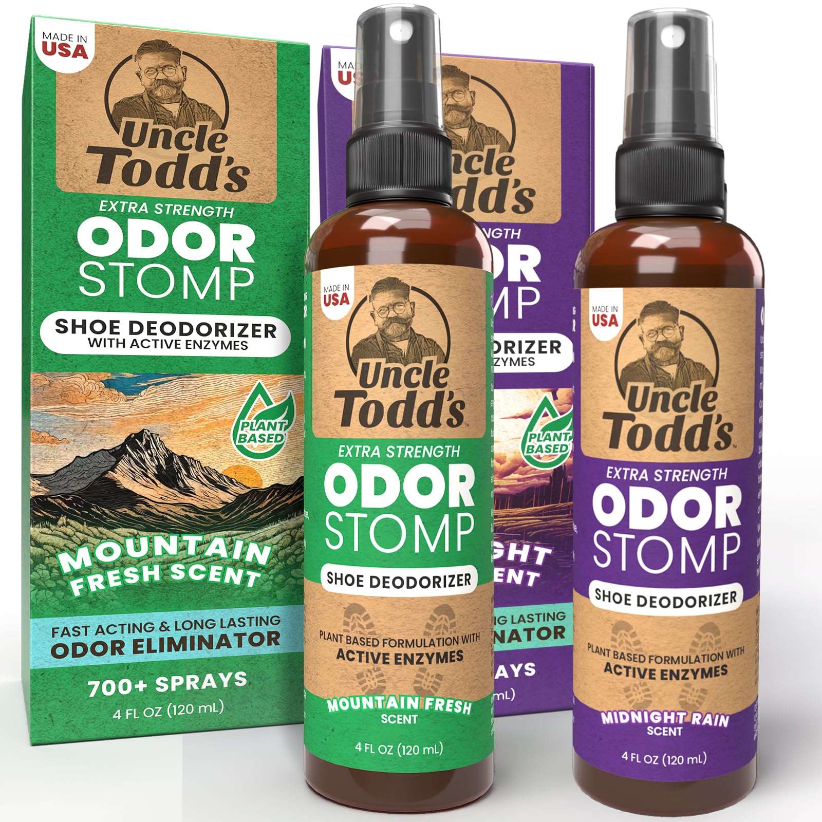 Uncle Todd's Odor Stomp Mountain Fresh bottle pour showing refreshing scent and odor control