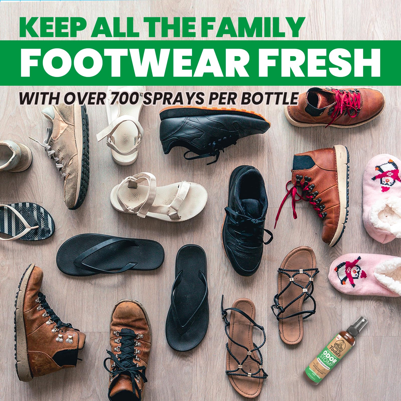 Plant-based formula of Uncle Todd's Odor Stomp is gentle on shoes and planet