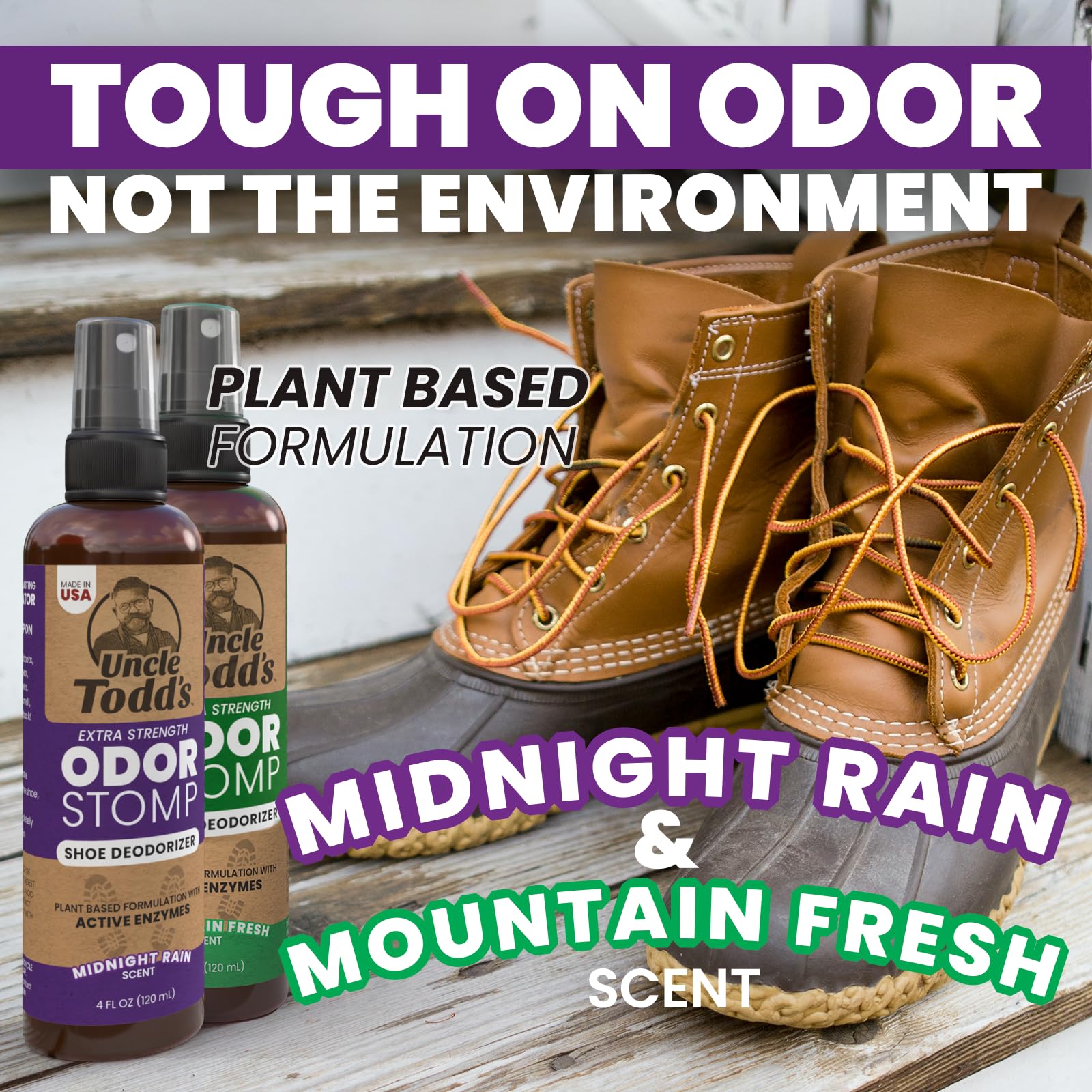 Uncle Todd's Odor Stomp shoes before and after odor reduction visual