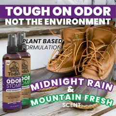 Uncle Todd's Odor Stomp shoes before and after odor reduction visual