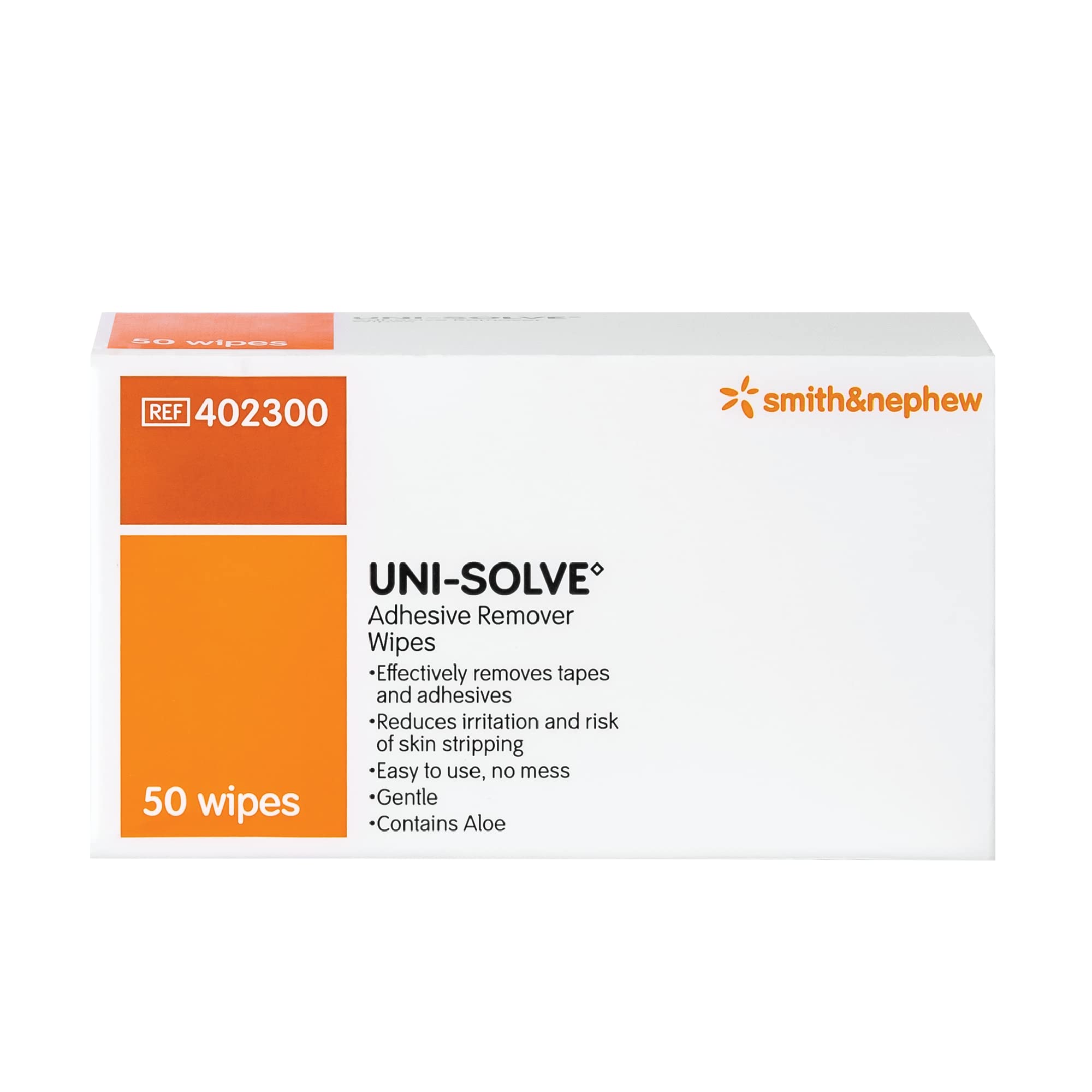 Uni Solve UNI-SOLVE adhesive remover wipes pack shown for skin-friendly removal.