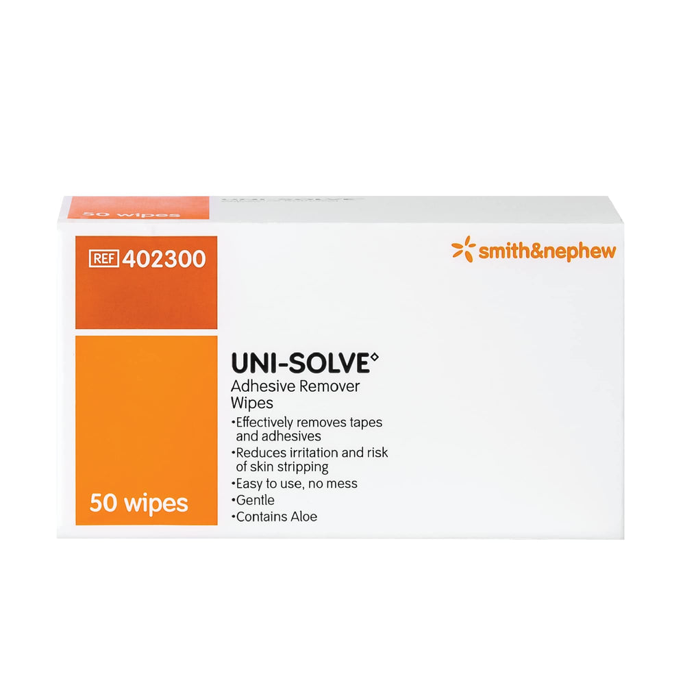 Uni Solve UNI-SOLVE adhesive remover wipes pack shown for skin-friendly removal.