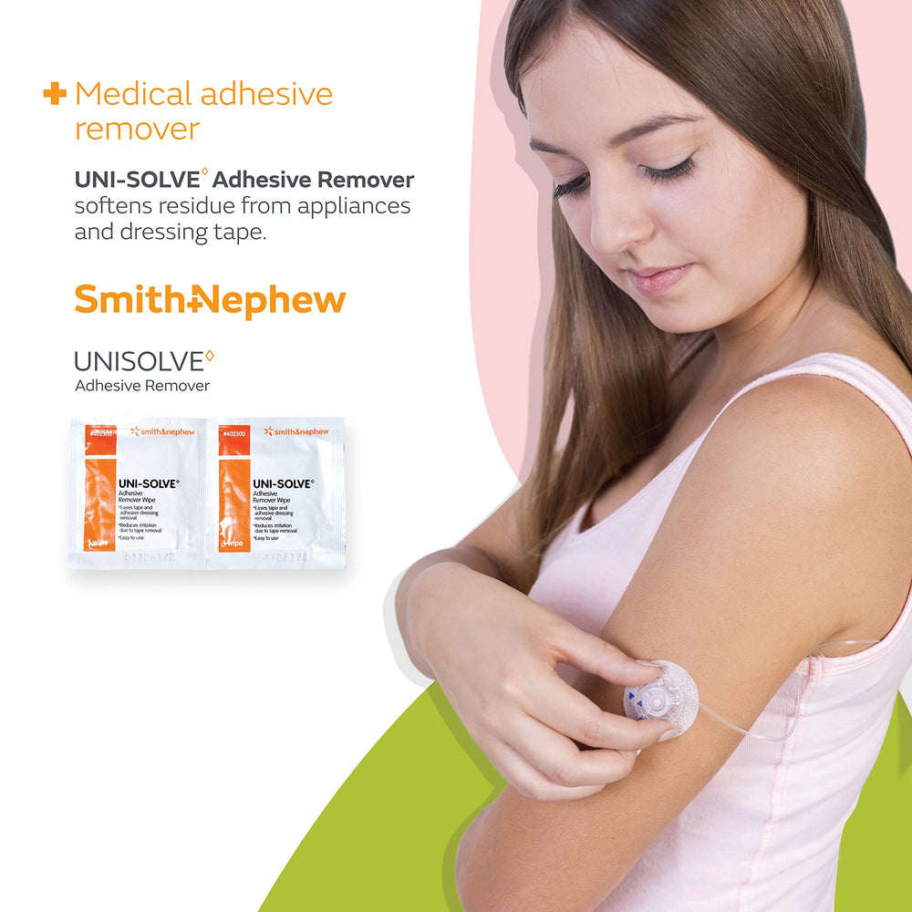 Remover wipe shown protecting skin surface during adhesive removal.