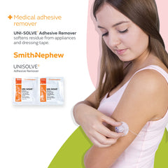 Remover wipe shown protecting skin surface during adhesive removal.