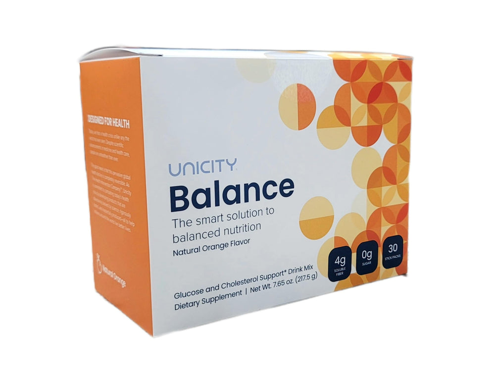 Unicity Balance Natural Orange bottle and packets for mindful pre-meal use.