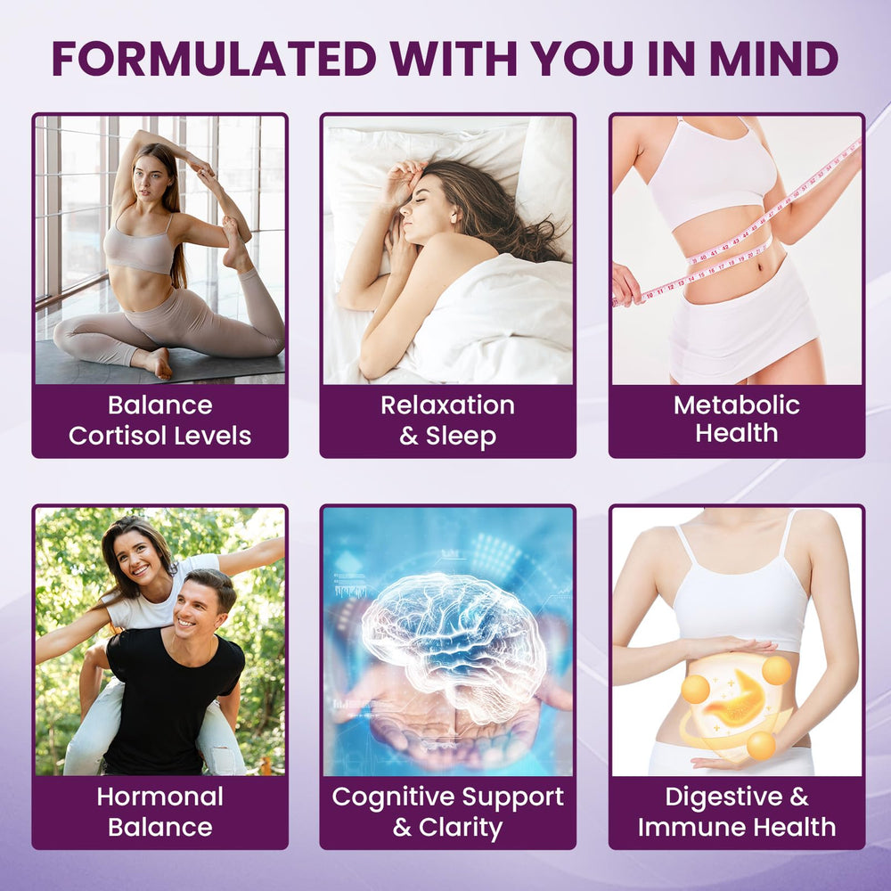 Uniisyunm Cortisol 16-in-1 ingredient scene highlights adaptogens and minerals for balance.