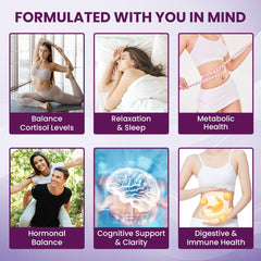 Uniisyunm Cortisol 16-in-1 ingredient scene highlights adaptogens and minerals for balance.