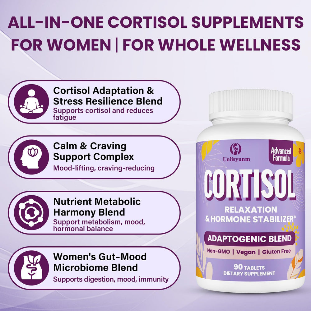 Uniisyunm Cortisol Supplements bottle closeup with tablets suggests easy dosing.