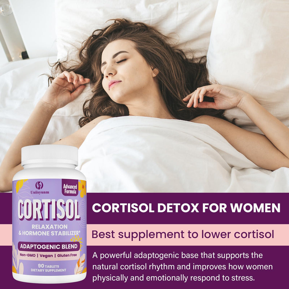Uniisyunm Cortisol Supplements probiotic image hints mood-gut synergy.