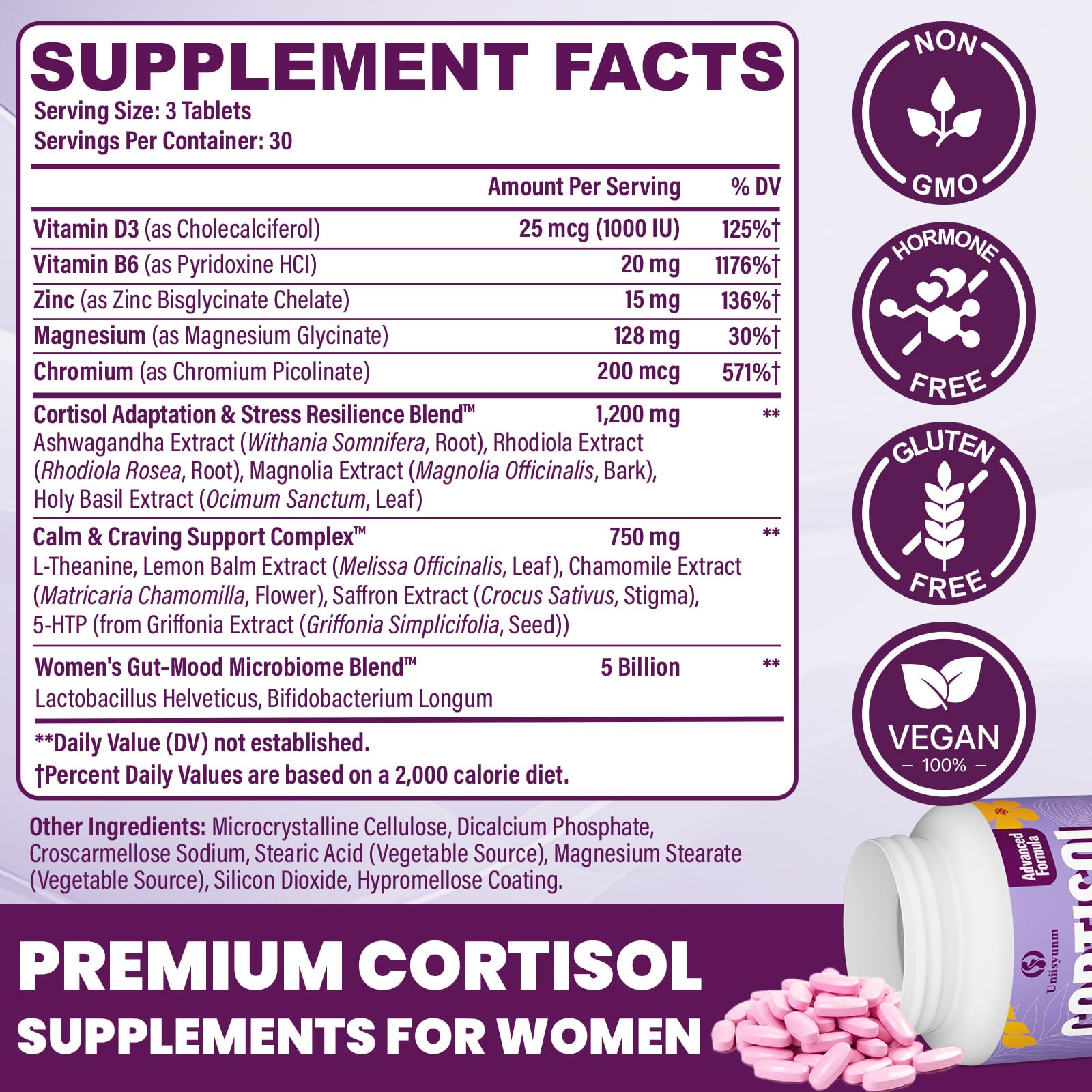 Uniisyunm Cortisol Supplements women bottle side shows easy daily routine.