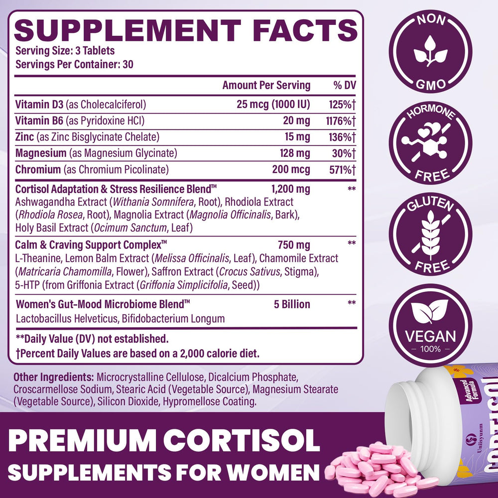 Uniisyunm Cortisol Supplements women bottle side shows easy daily routine.