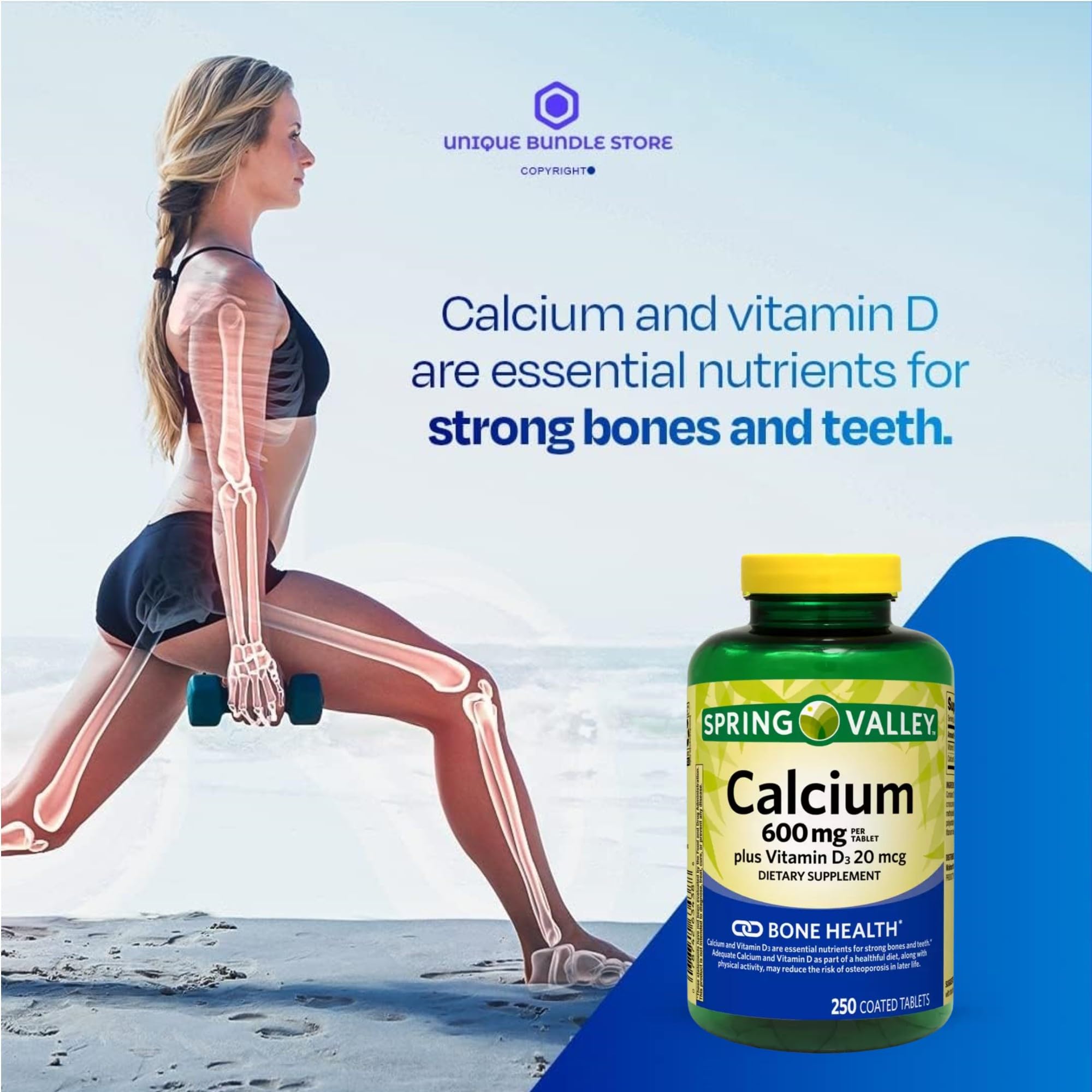 Unique Bundle Store calcium tablets closeup highlighting 600 mg dose.