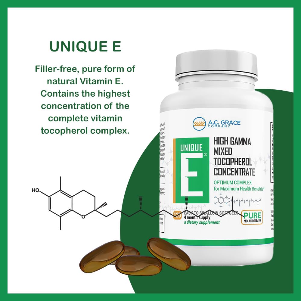 UNIQUE E A.C. Grace bottle label closeup highlighting natural vitamin E content.