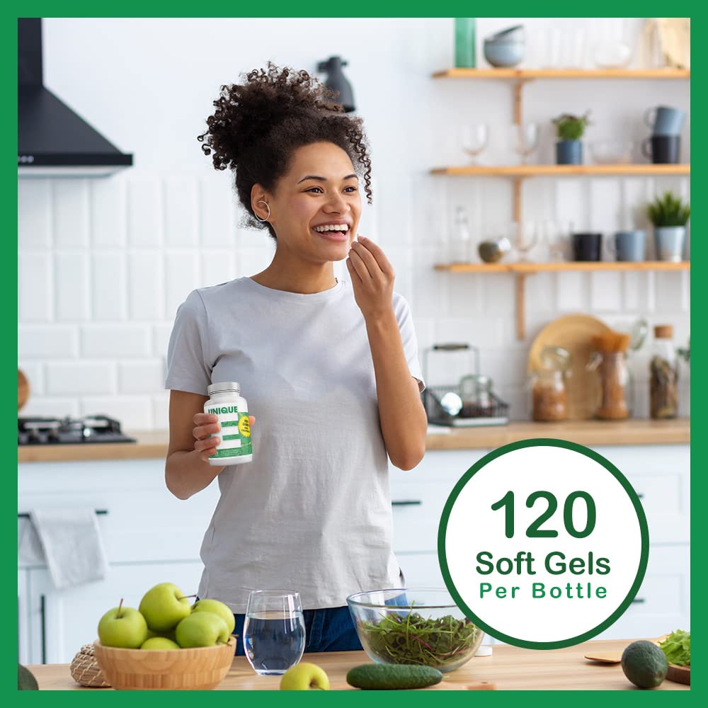 UNIQUE E soft gels on white background emphasizing pure natural vitamin E.