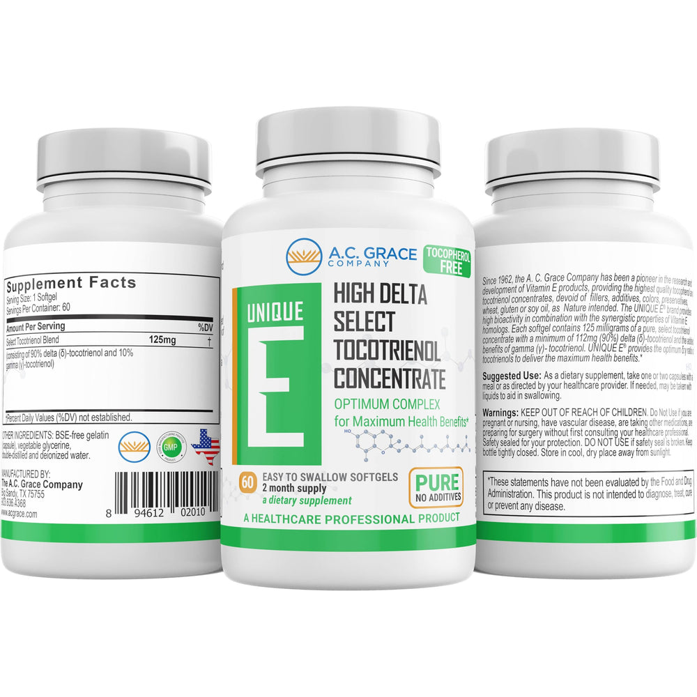 Close-up of Unique E tocotrienols softgel capsules for easy daily use.