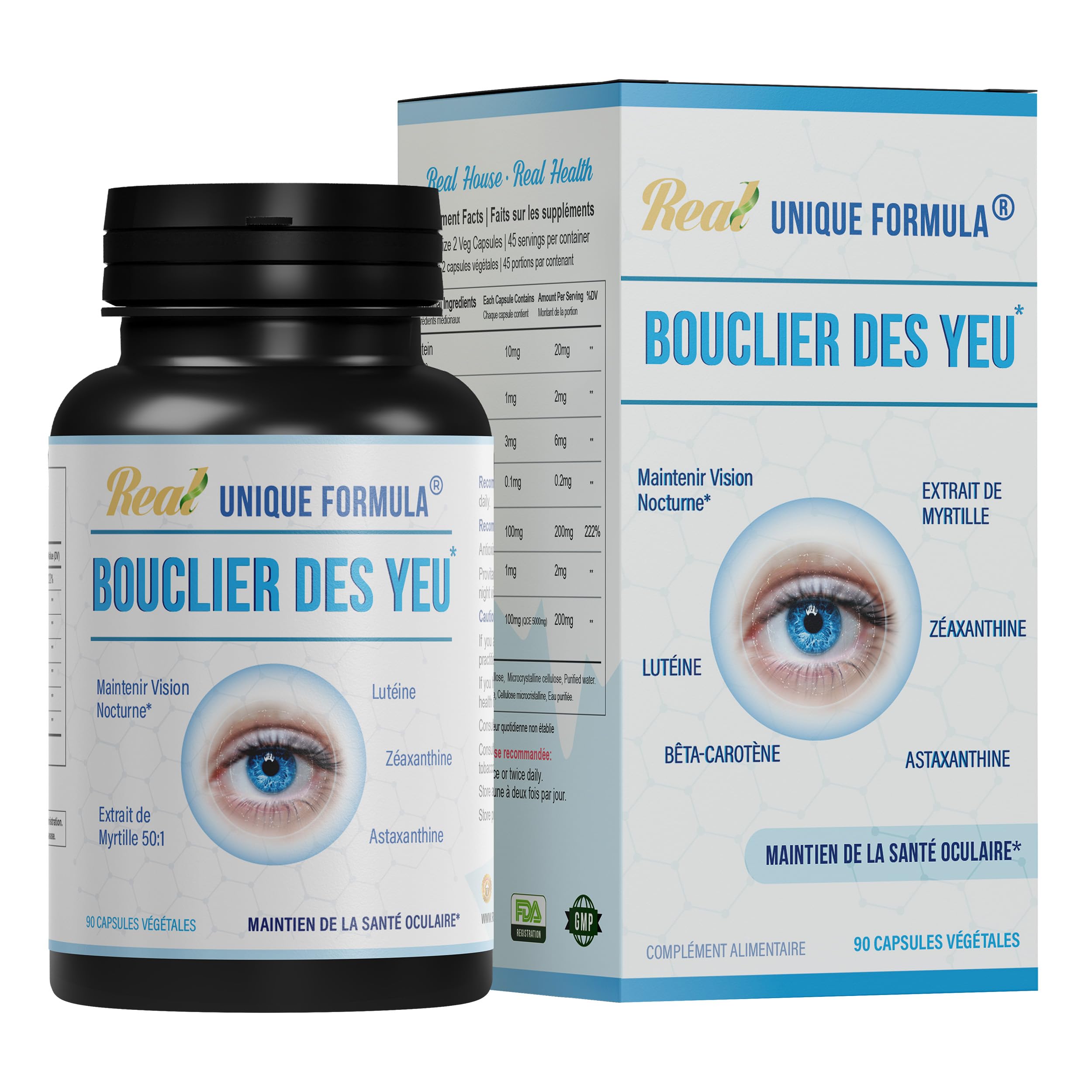 Unique Formula Eye Shield bottle back shows ingredients and suggested use for better eye health.