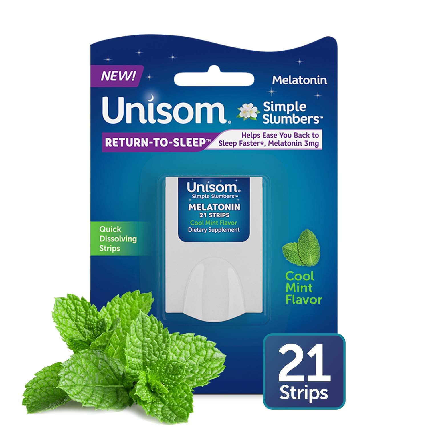 Unisom Simple Slumbers Cool Mint strip close-up dissolving quickly for easy use