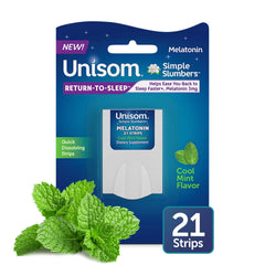 Unisom Simple Slumbers Cool Mint strip close-up dissolving quickly for easy use