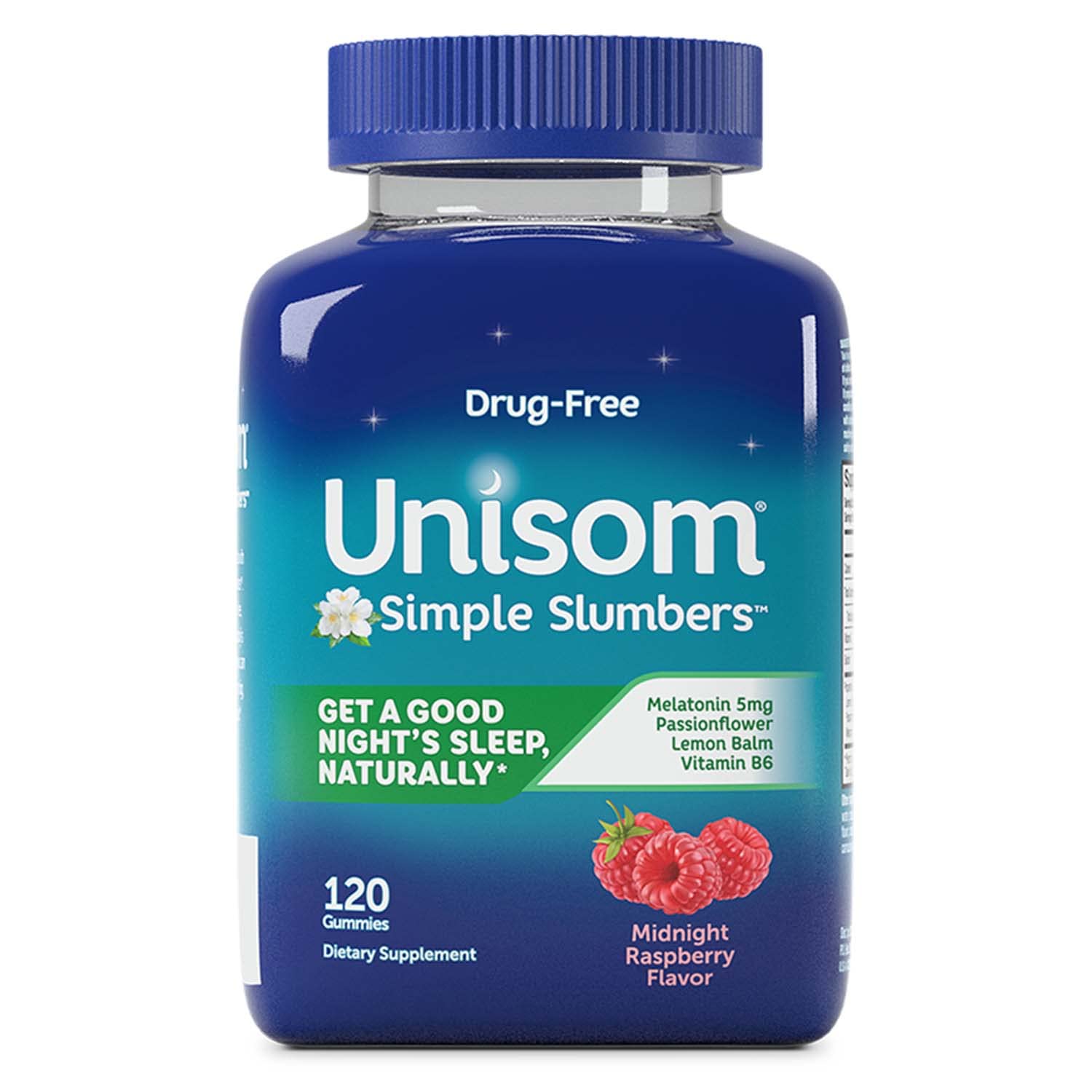 Unisom Simple Slumbers gummies bottle pour may support easier sleep onset.
