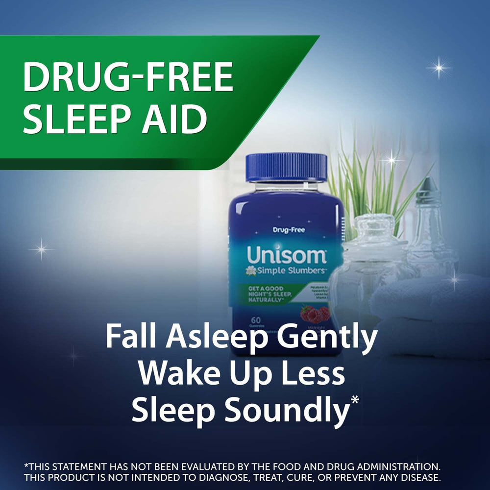 Unisom Simple Slumbers label-detail shot emphasizes 5 mg melatonin for night-time support.