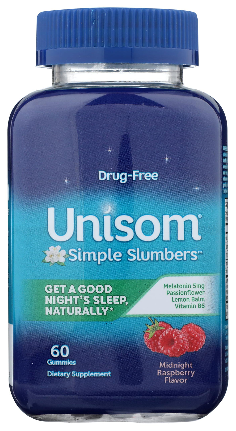 Unisom Simple Slumbers melatonin gummies in midnight raspberry bottle for restful nights