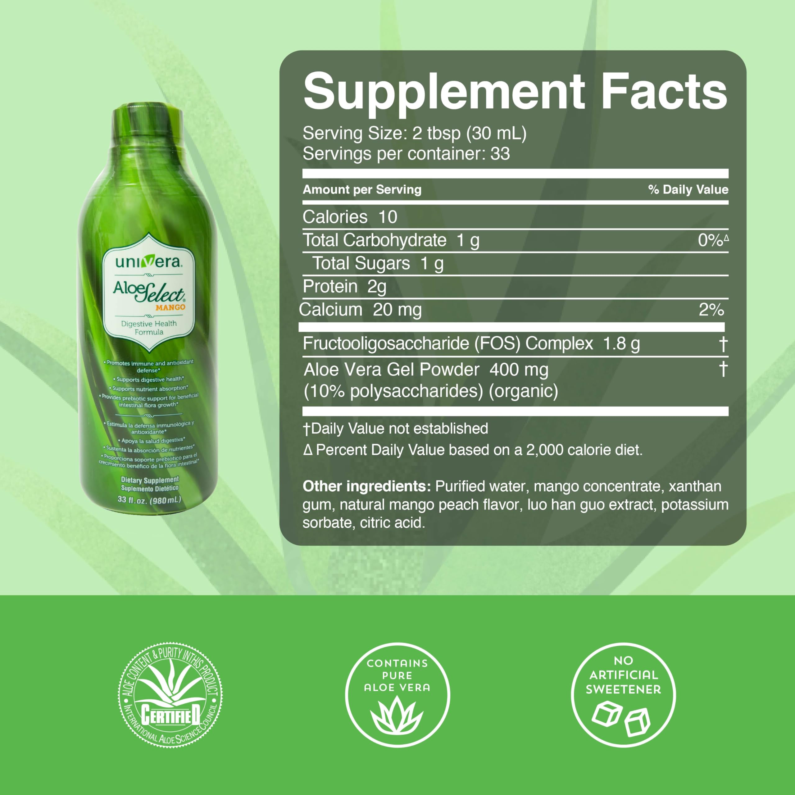 Univera Aloe Select Mango glass serving with refreshing mango flavor before meals.