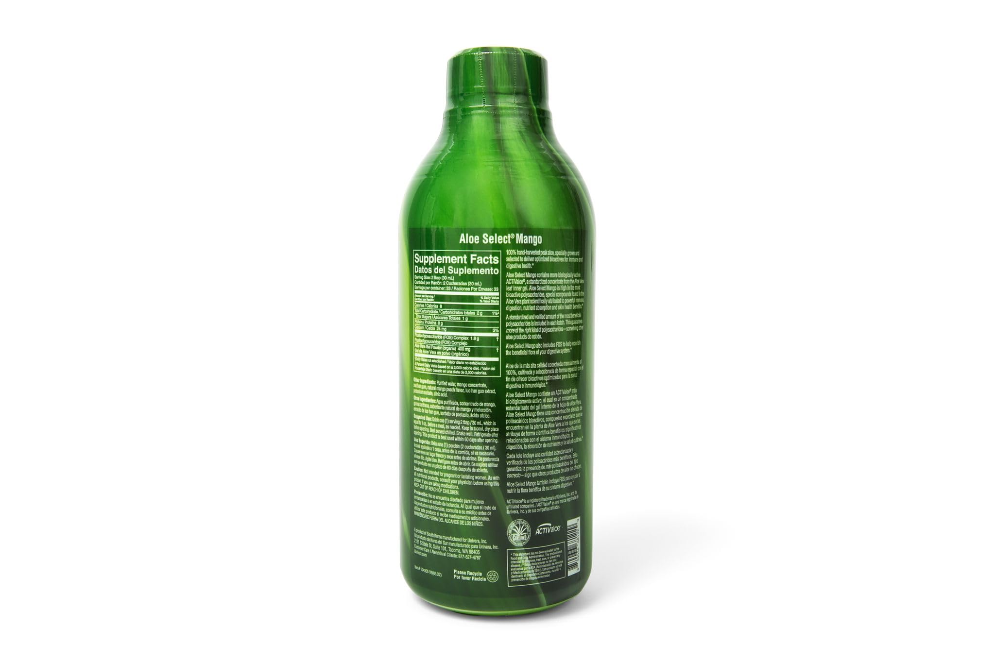 Univera Aloe Select Mango nutrition label closeup for supplement details.