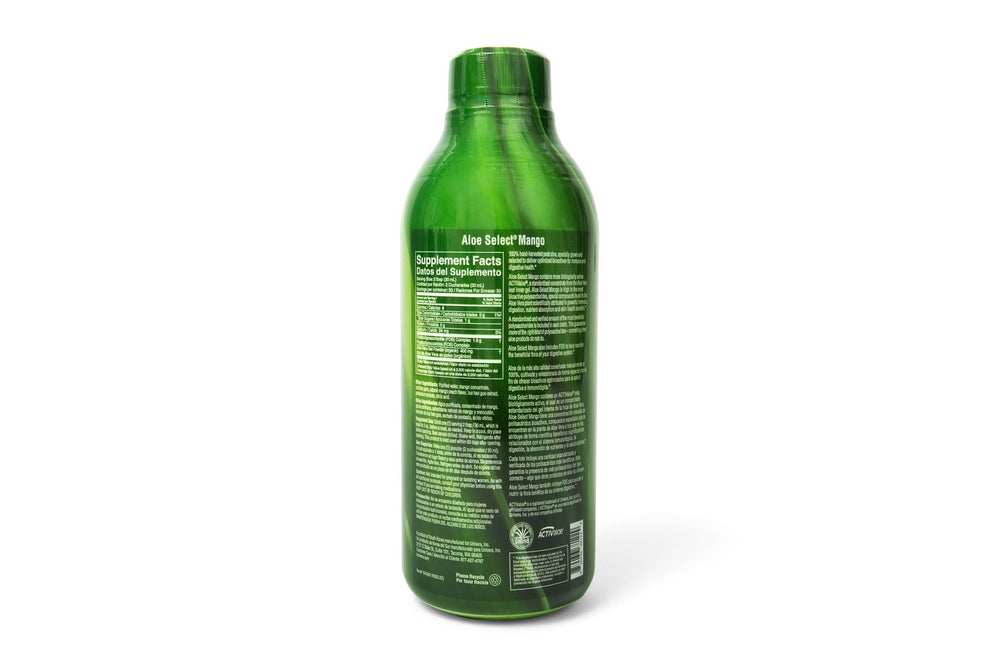 Univera Aloe Select Mango nutrition label closeup for supplement details.