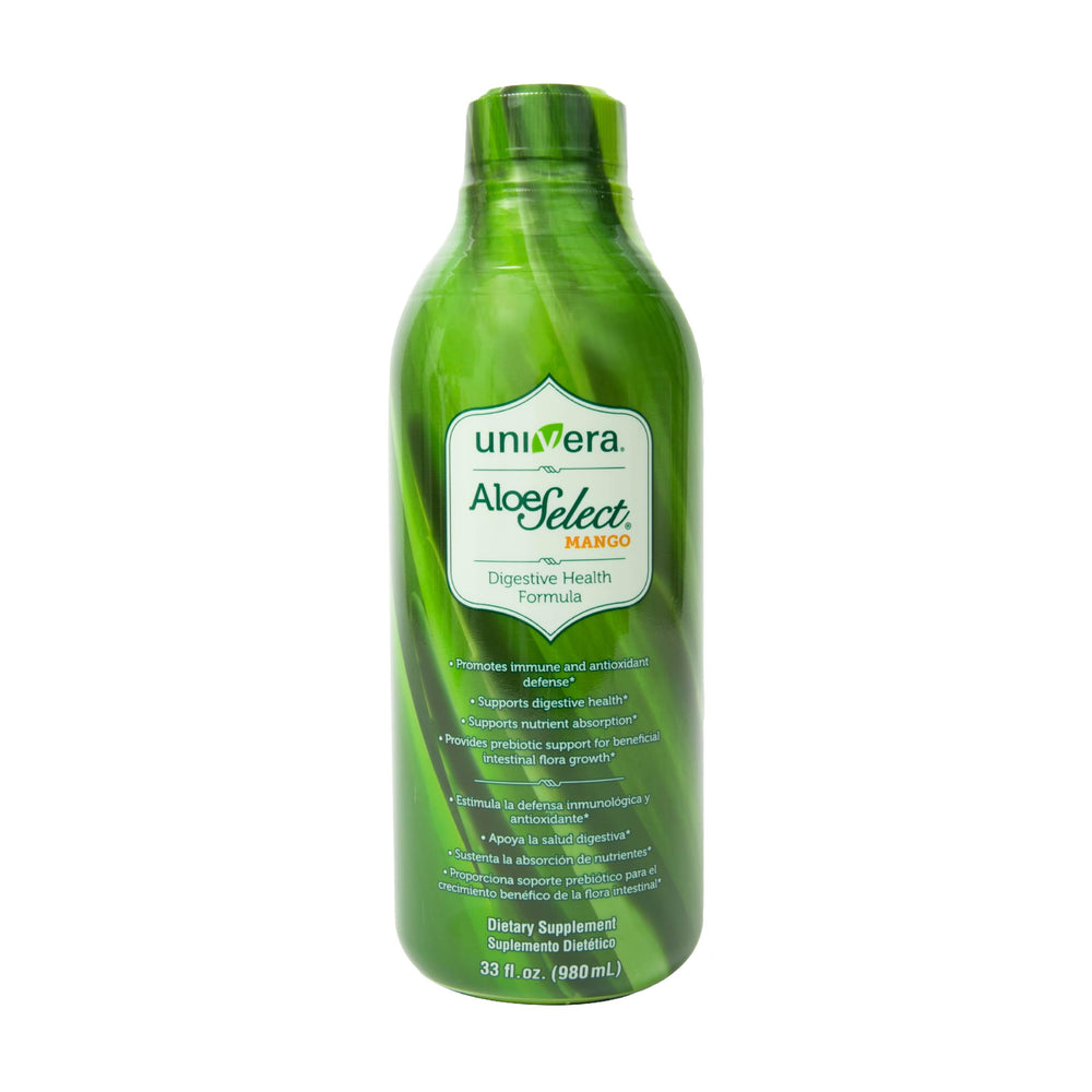 Univera Aloe Select Mango packaging on shelf signaling premium aloe source.