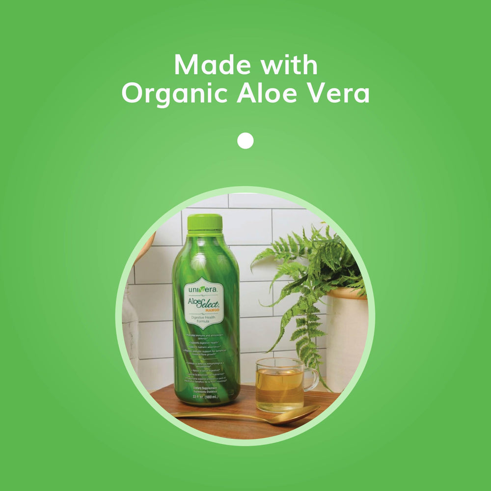 Univera Aloe Select Mango pour showcasing convenient daily use and mango flavor.