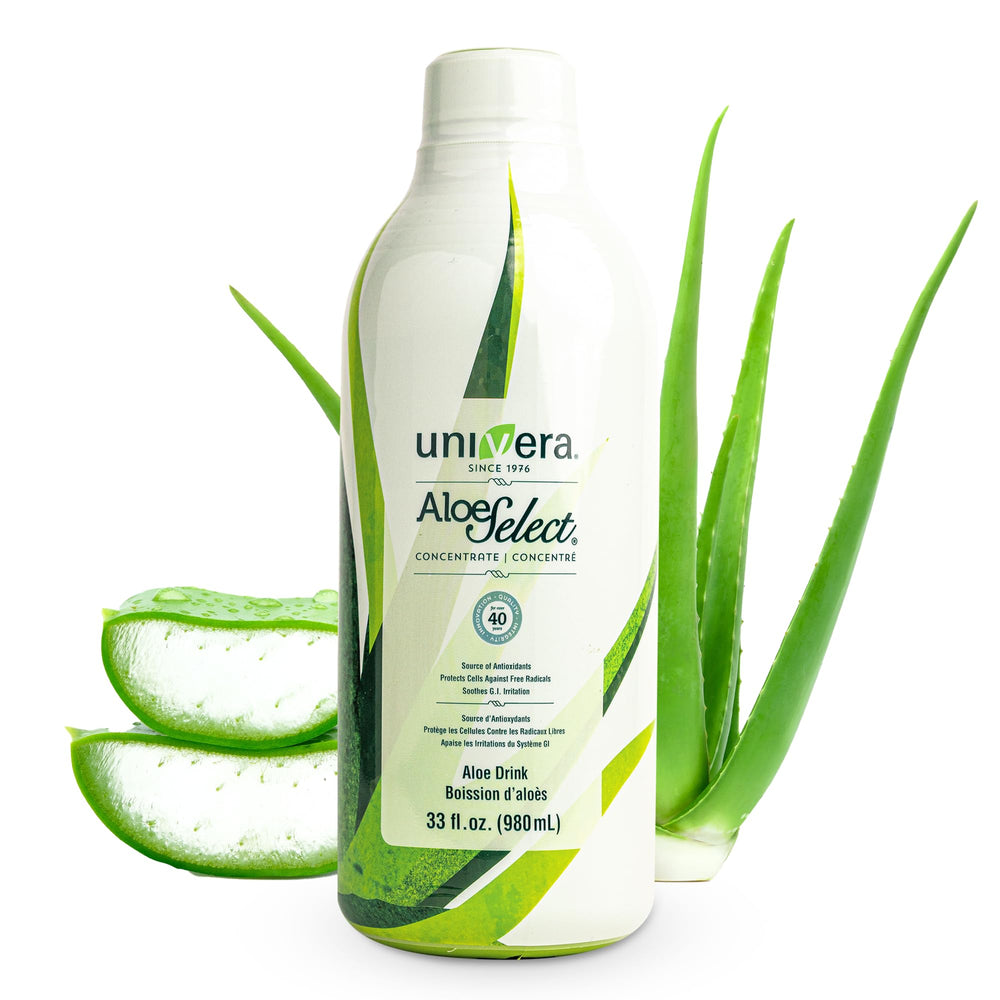 Univera Aloe Vera Juice bottle front, premium organic formulation for daily wellness