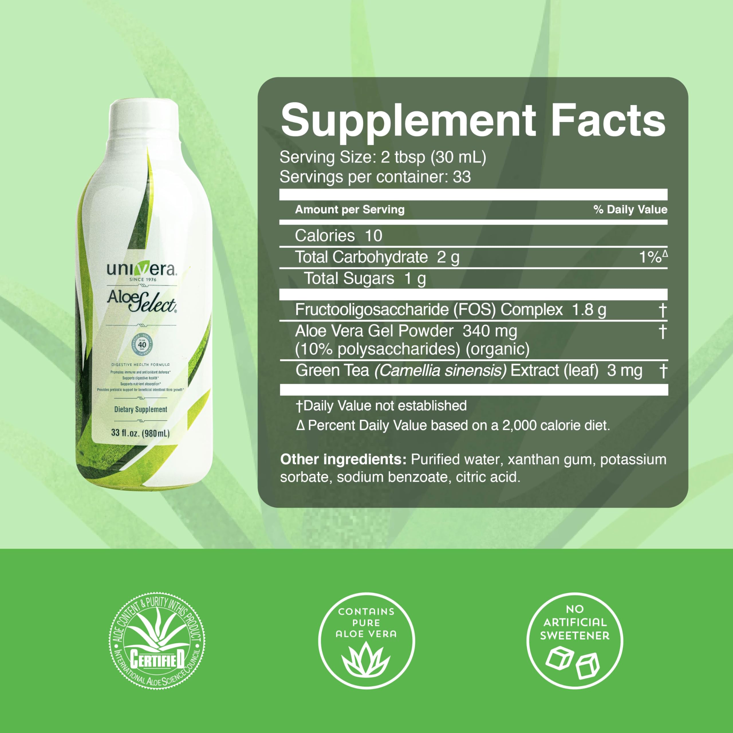 Univera Aloe Vera Juice bottle side showing 33 oz packaging for month-long use