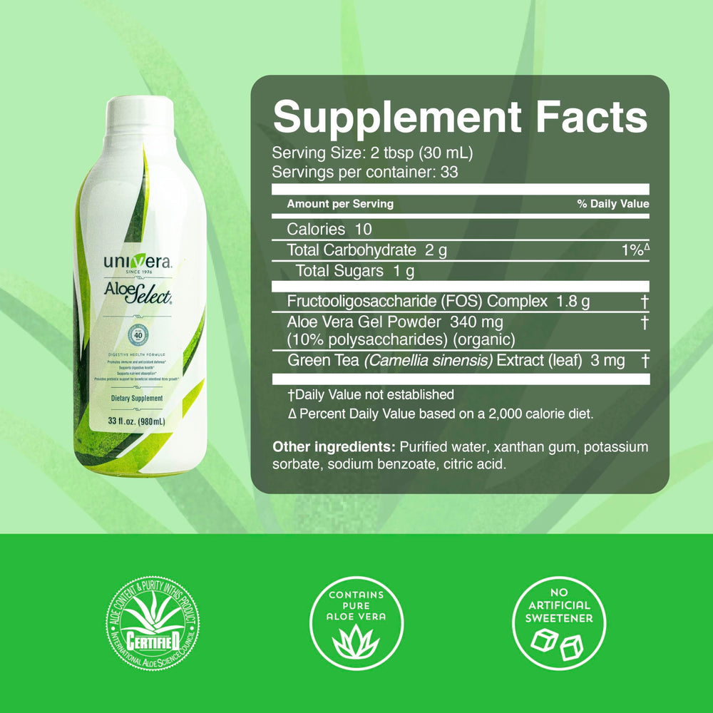 Univera Aloe Vera Juice bottle side showing 33 oz packaging for month-long use